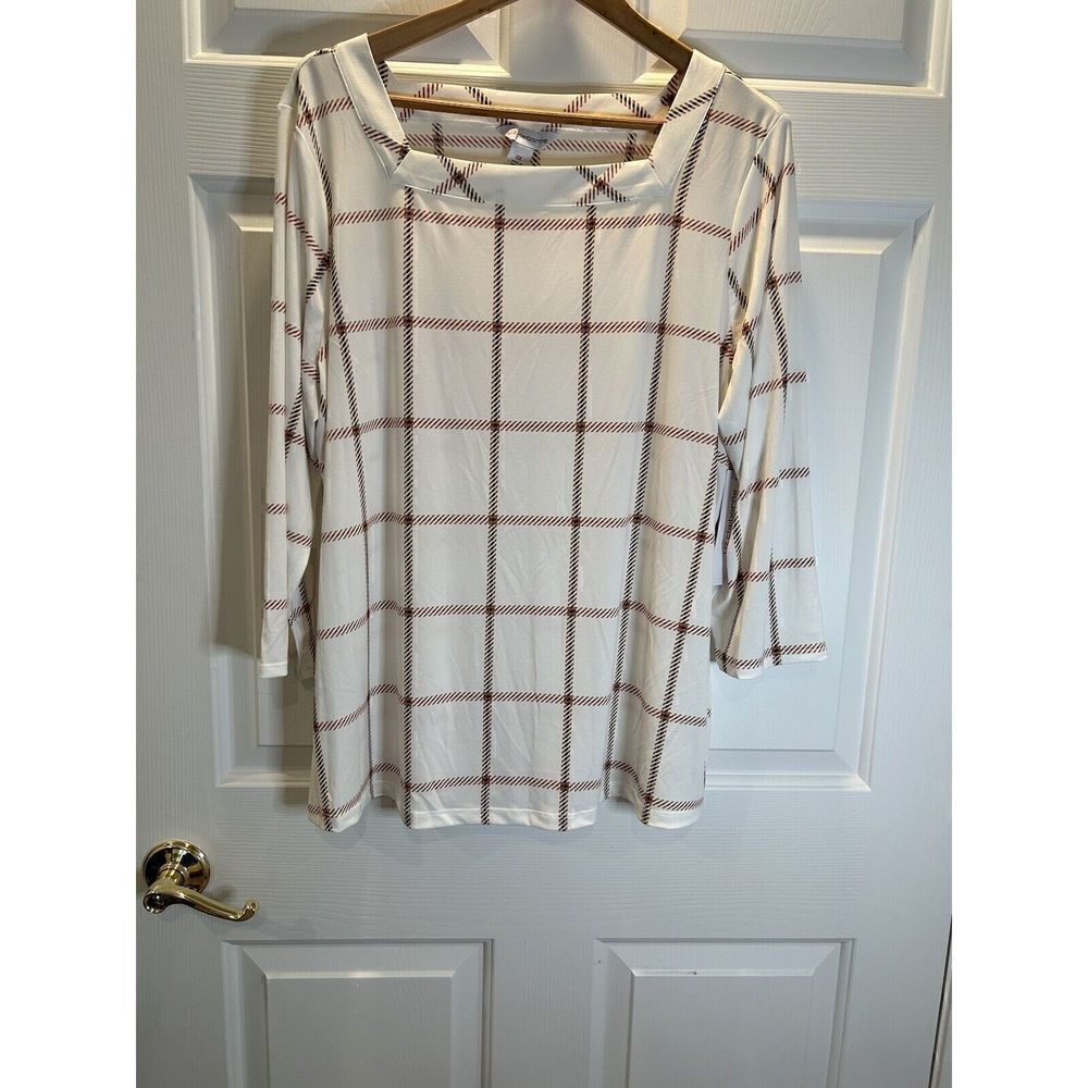 Liz Claiborne 0x Top Cream/Red/Beige Squares Neck 3/4 Sleeves Blouse